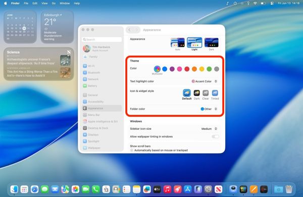 苹果macOS 26 Tahoe主题功能大升级:可定制图标/高亮文本/文件夹颜色