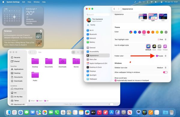 苹果macOS 26 Tahoe主题功能大升级:可定制图标/高亮文本/文件夹颜色